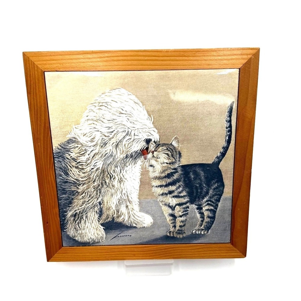 VTG Komondor Dog Licking Kitty Cat Lowell Herrero Ceramic Framed Tile/Trivetโ